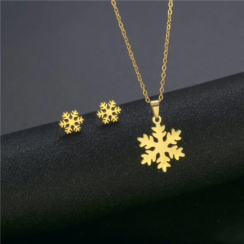 Classic Geometric Stainless Steel Snowflake Necklace Jewelry Set Women Girls Winter Fashion Gold Color Snow Studs Earrings