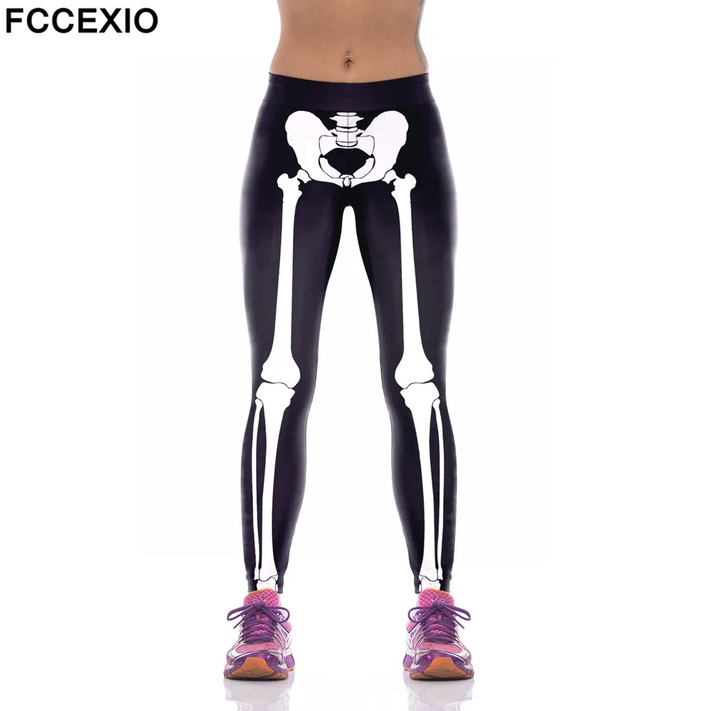 FCCEXIO-mallas con estampado de esqueleto para mujer, Leggings elásticos para Fitness, pantalones ajustados de cintura alta, Sexy, novedad de 2021