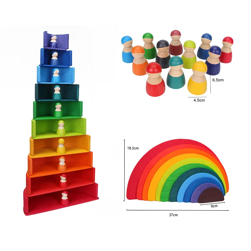 Bloques de arcoíris de madera para niños, juguetes apilables de madera, bloques de construcción de arcoíris coloridos, juguete educativo Montessori