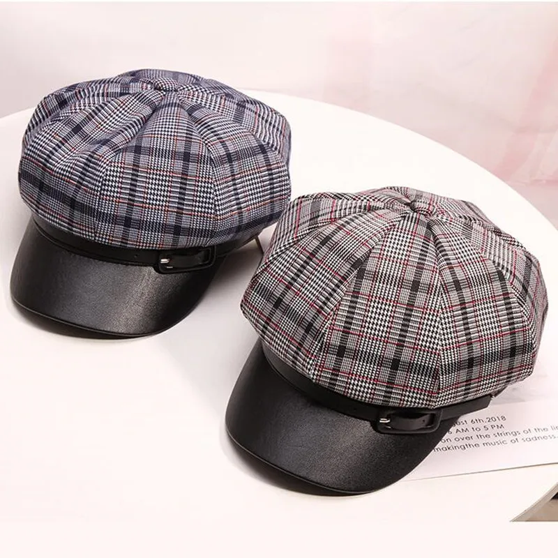 

H271 Women Korean Octagon Hat Female Autumn Winter Plaid Retro British Painter Octagonal Cap Girls Short Eave Casual Fashion Hat