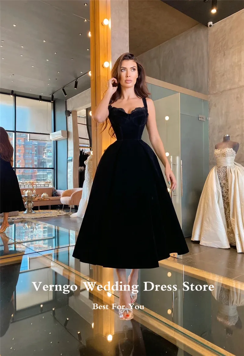 Verngo Simple Black Velour Evening Party Dresses Halter Short Prom Dresses Tea Length 2021 Special Occasion Gowns Customized