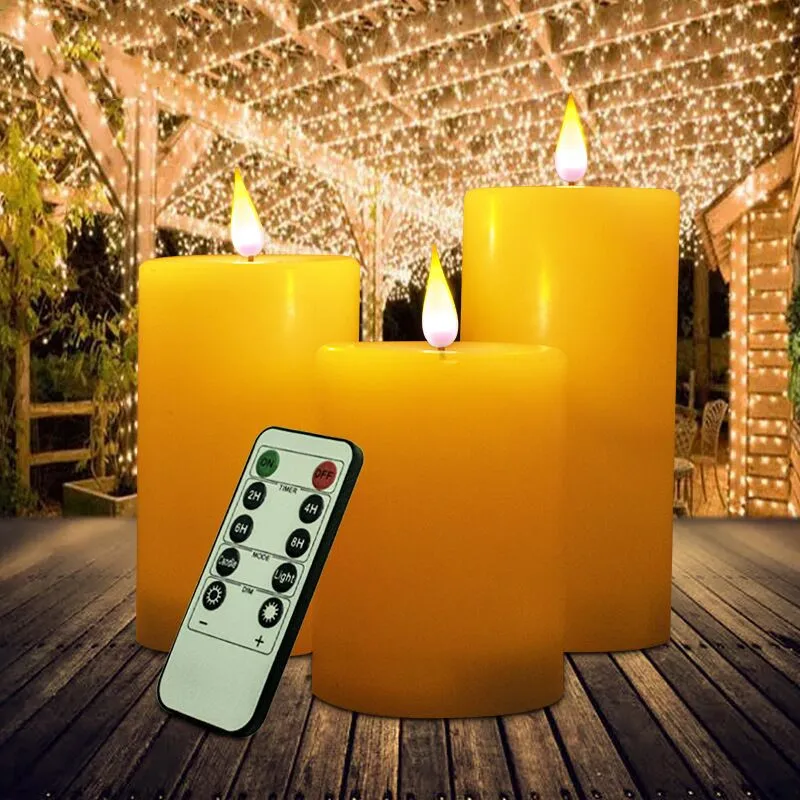 Pack of 3 Remote control Flickering 3D Flame Battery Operated Led Pillar Candle w/Timer Paraffin Wax Electric Candles Lighting