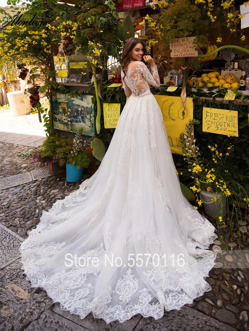 Alonlivn Customize Made Charming Appliques Sweetheart 2 In 1 Wedding Dresses With Removable Train Full Sleeves Bridal Gowns