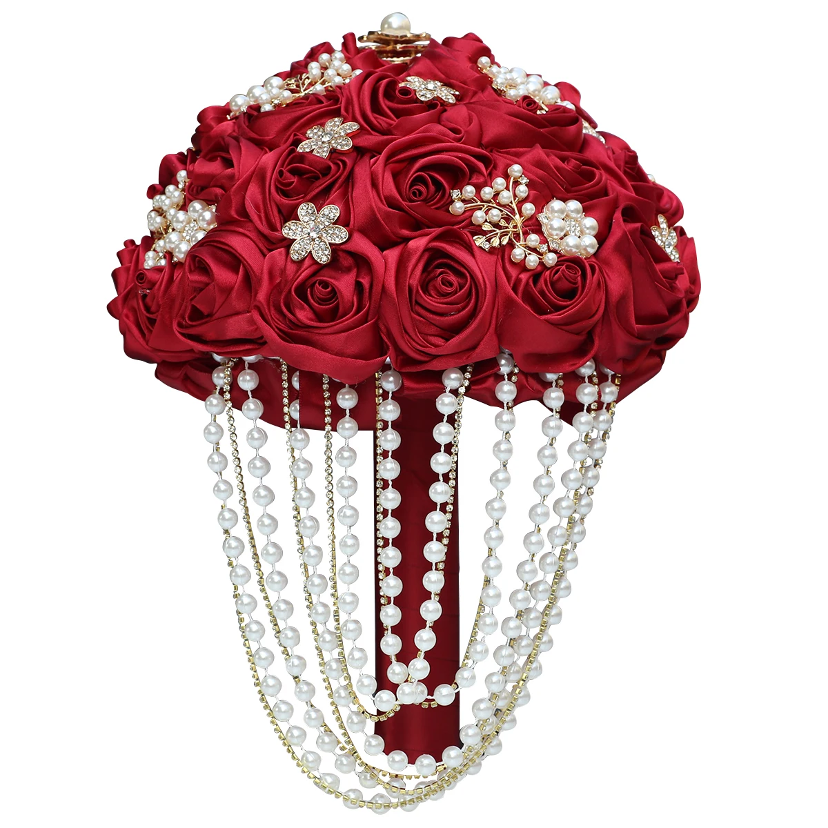 22CM New Bride Hand Holding Bouquet Bridesmaid Hand-Made Pearl Pendant Rhinestone Silk Rose Bouquet Wedding Supplies.