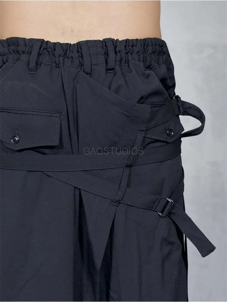 Pantalones de desconstrucción irregulares con múltiples cinturones, clásicos, multicapa, negros, sueltos, japoneses, de pierna pequeña, primavera y