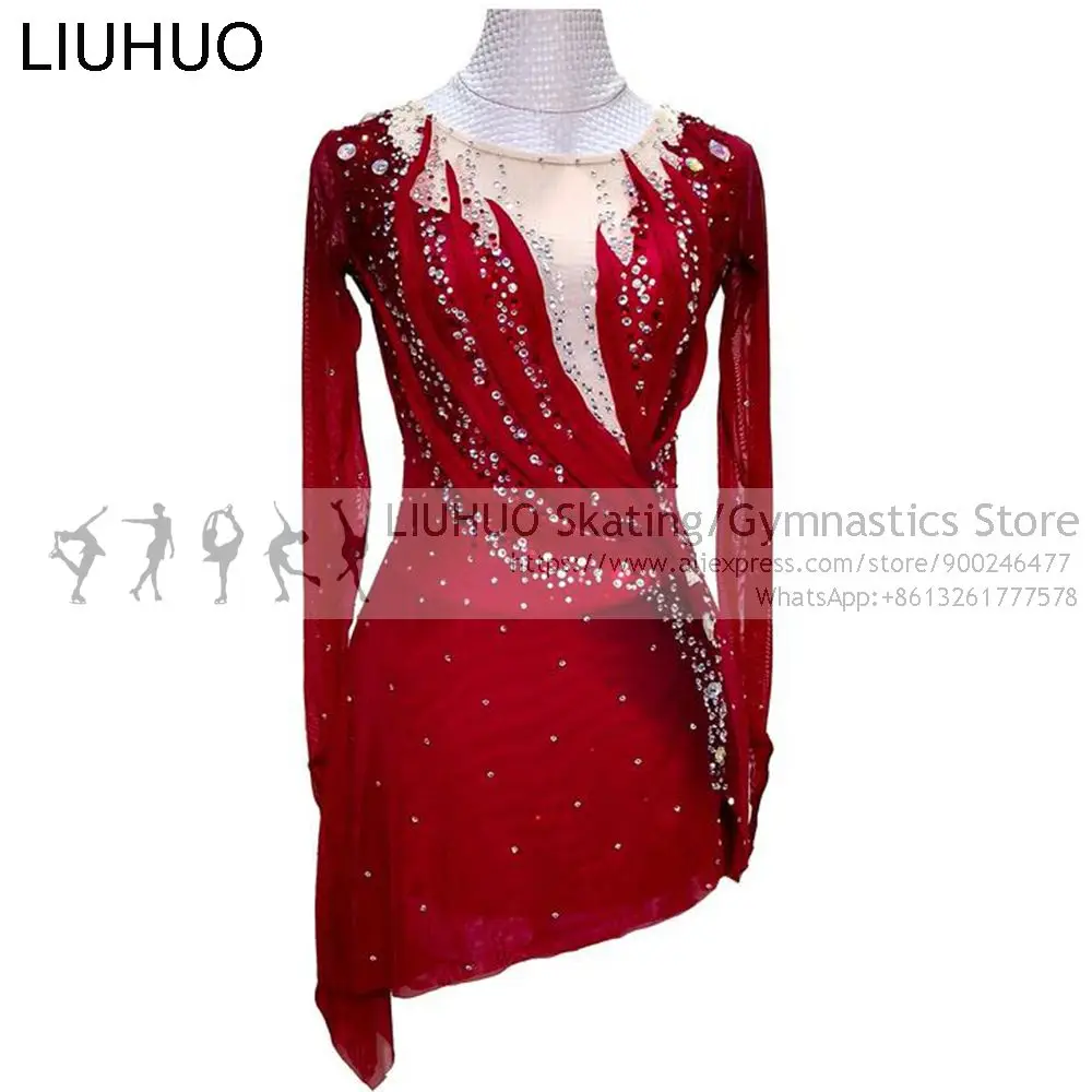 Figure Skating Dress Girl Ice Skating Competition Red Elegant Performance Rhythmic Ballroom Dance Leotard Artistic Costume Women