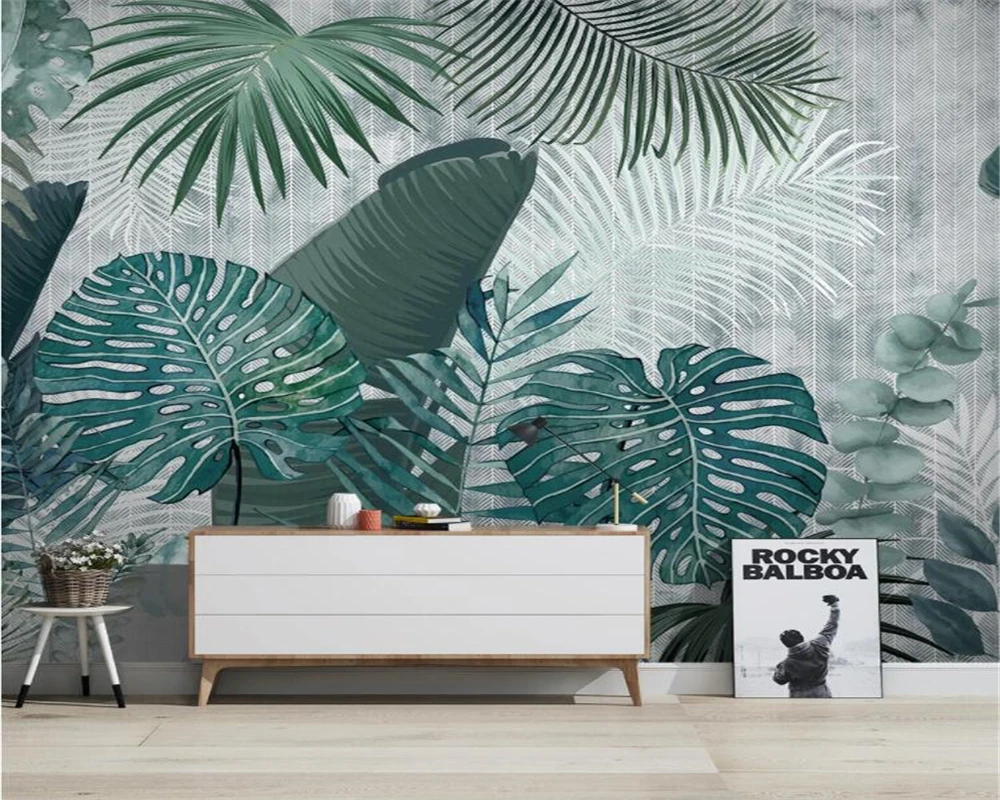 

Custom wallpaper nordic hand painted tropical plant leaves modern minimalist tv background wall painting 3d wallpaper