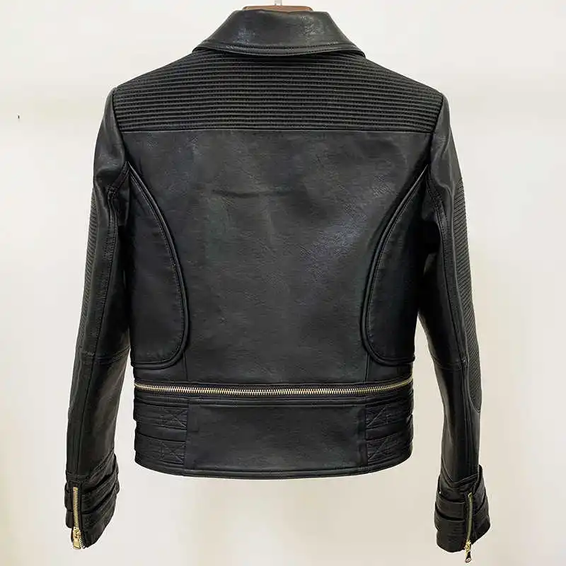 Chaqueta de cuero genuino para mujer, abrigo de motocicleta, color blanco y negro, ajustado, talla grande, 2023