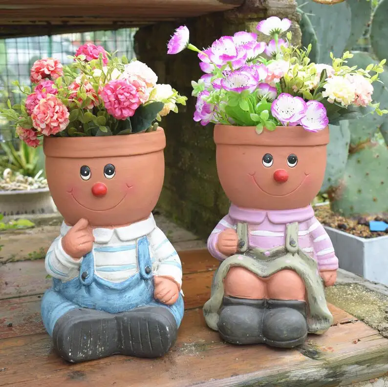 

Outdoor Garden Boy Girl Doll Resin Head Cements Flower Pots Ornaments Courtyard Villa Park Figurines Statues Crafts Decor Art