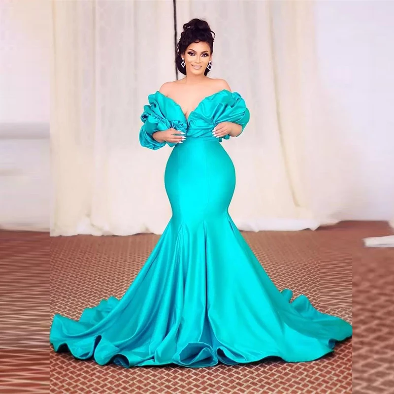 Charming Blue Off The Shoulder Prom Dresses Saudi Arabic Ruffles Sleeves Evening Gowns Satin Sweep Train Formal Party Dress