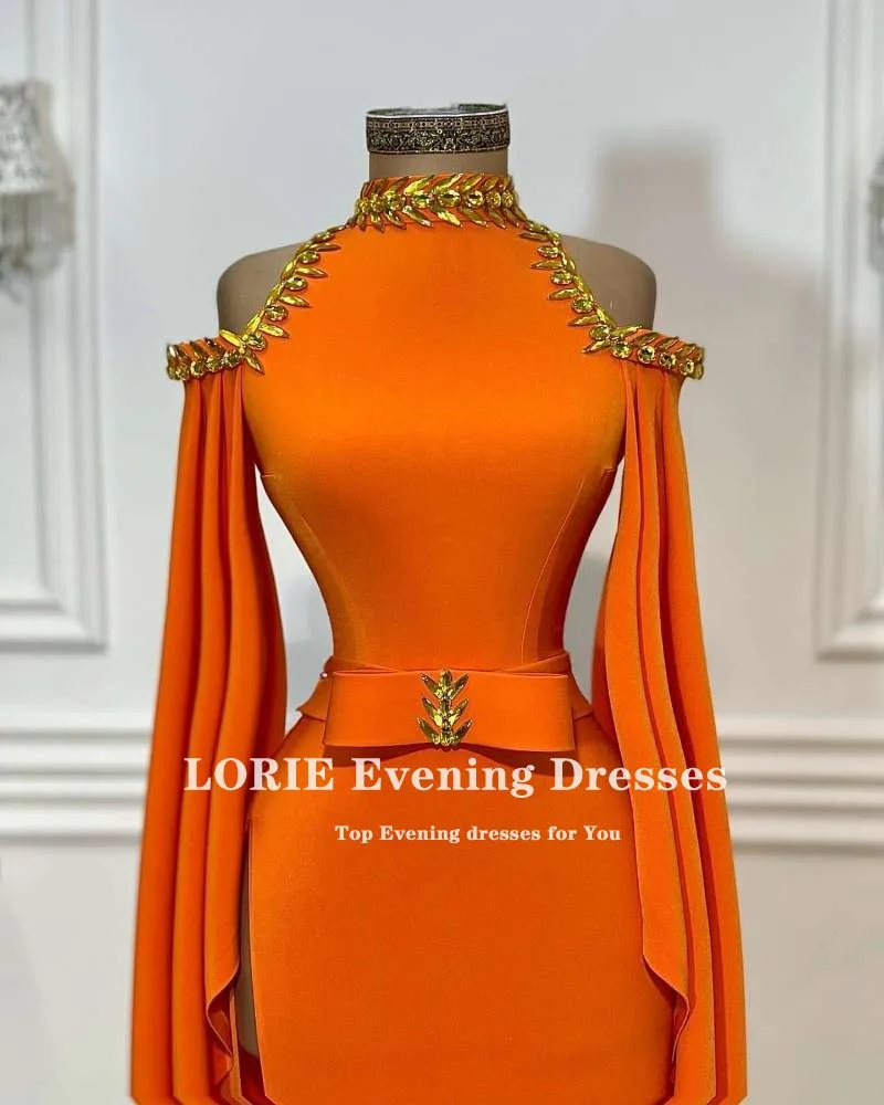 LORIE-vestido de noche naranja con cuello alto y cuentas de diamantes de imitación, manga larga, sirena, fiesta de graduación, 2021