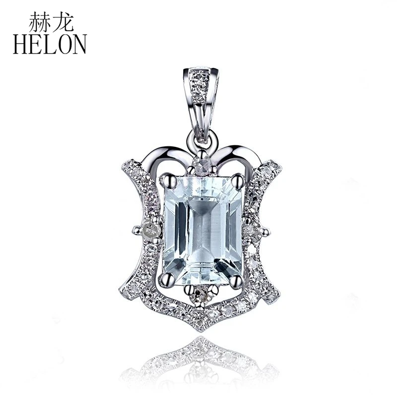 

HELON 0.85ct Genuine Aquamarine Pendant Solid 14K White Gold Natural Diamonds Pendant For Women Engagement Wedding Fine Jewelry