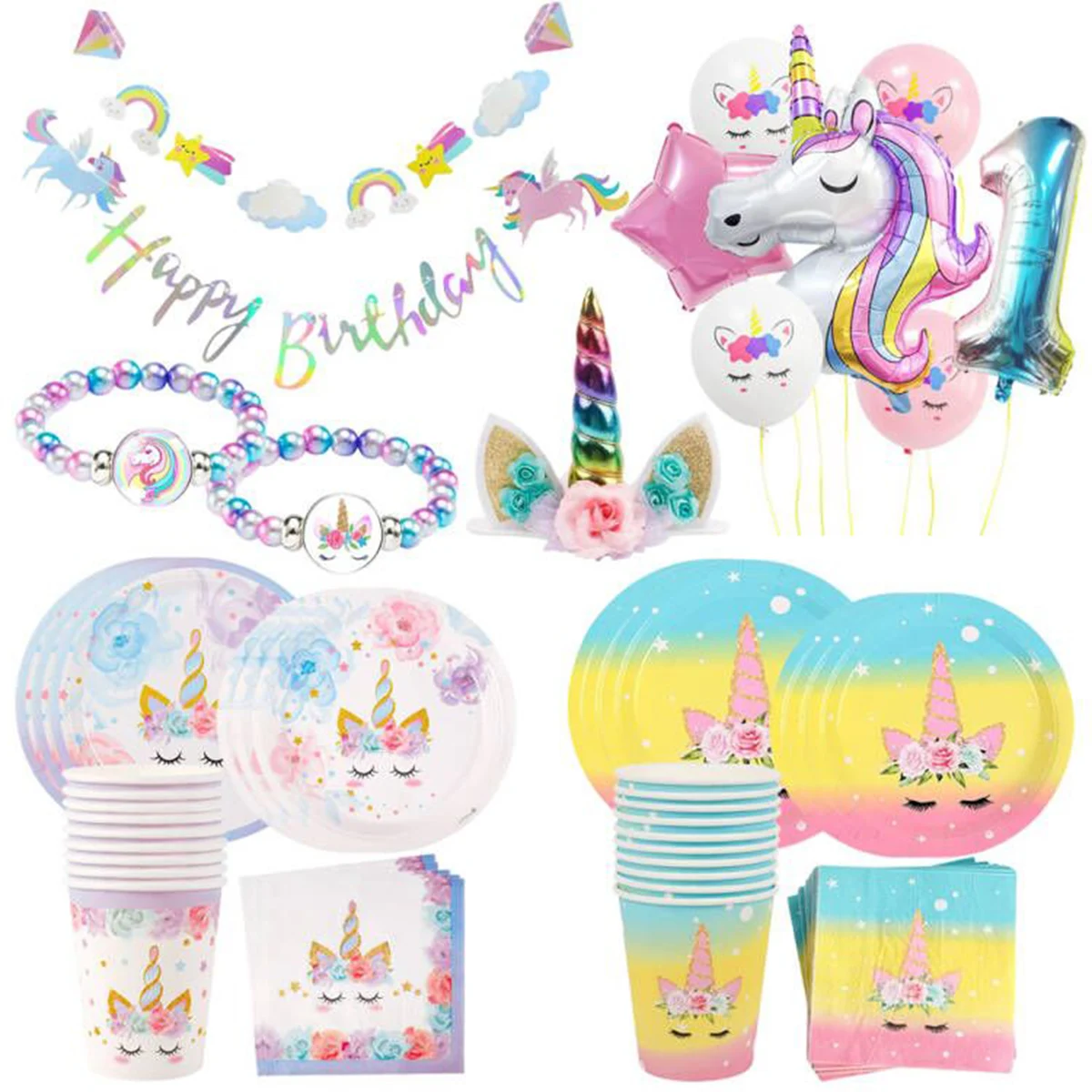 Unicorn Birthday Party Decoration Unicorn Tableware Paper Plates Cups Napkins Toys for Kids 1st Birthday Party Baby Shower Girl