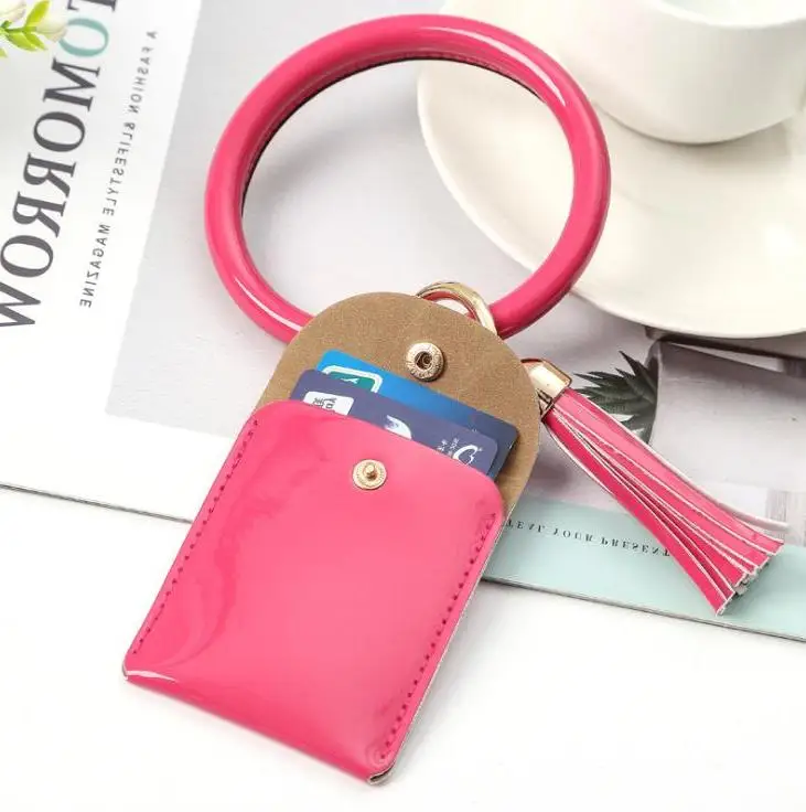 New Plain Print Bracelet Card Bag Wrist Key Ring Wallet Pu Leather Plain Print Bracelet Keychain Tassel Pendant Wholesale