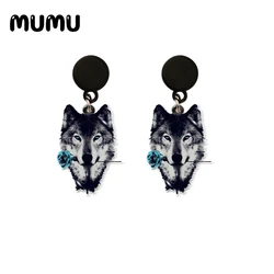 2021 New Wolf with Rose Drop Earring Animal Acrylic Earrings Resin Epoxy Handmade Jewelrys