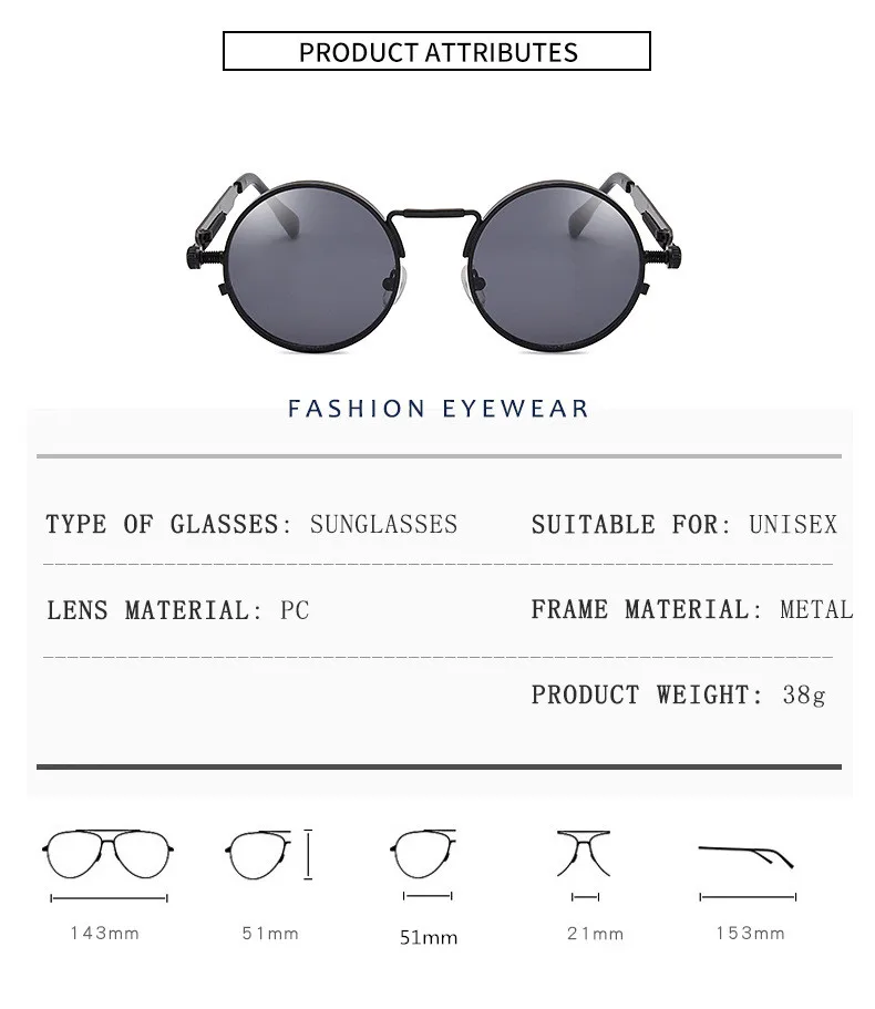 Metall Steampunk Sonnenbrille Männer Frauen Mode Runde Brille Marke Design Vintage Sonnenbrille Hohe Qualität UV400 Brillen – Detail 5