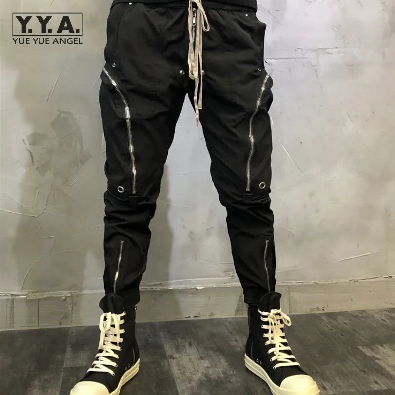 Moda na zamek błyskawiczny z kieszeniami czarne spodnie Cargo główna ulica męskie zasznurować Slim Fit Biker spodnie damskie obcisłe Hip Hop męskie spodnie dresowe na co dzień