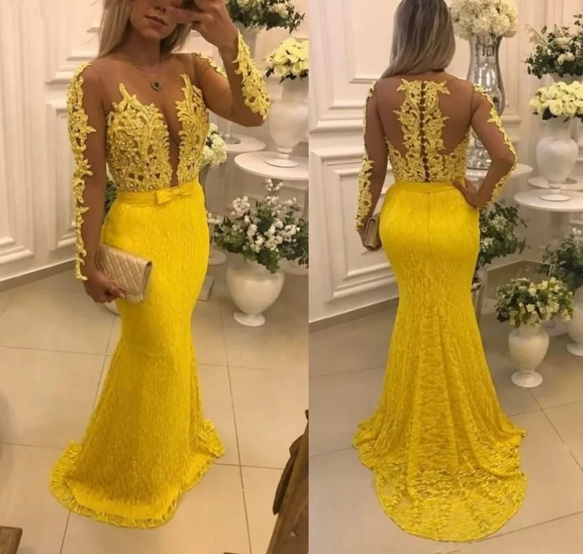 Elegante laço amarelo sereia vestido de noite sheer colher pescoço apliques contas manga longa formal vestidos festa robe de soriee