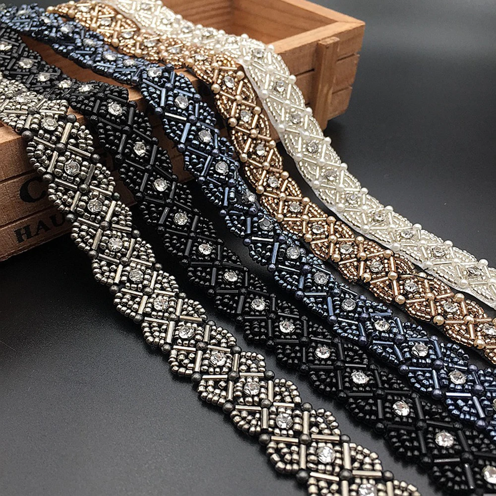 1Yard Black Pearl Rhinestones Beaded Trims Lace Ribbon Fabric Clothes Decoration Wedding Dress Collar Sleeve Lace Applique Craft