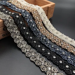 1Yard Black Pearl Rhinestones Beaded Trims Lace Ribbon Fabric Clothes Decoration Wedding Dress Collar Sleeve Lace Applique Craft