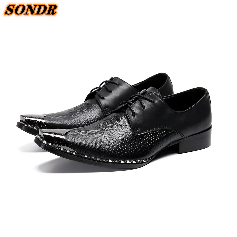 

New Business Office Men Oxford Shoes Metal Toe Lace Up Genuine Leather Men Shoes Party Brogue Shoes Footwear Sapatos Masculino