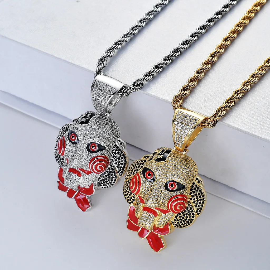 Hip Hop Jewelry Cubic Zircon Gold Silver Saw Horror Movie Theme Iced Out Chain Men's Gifts  Saw Clown Pendant Necklaces