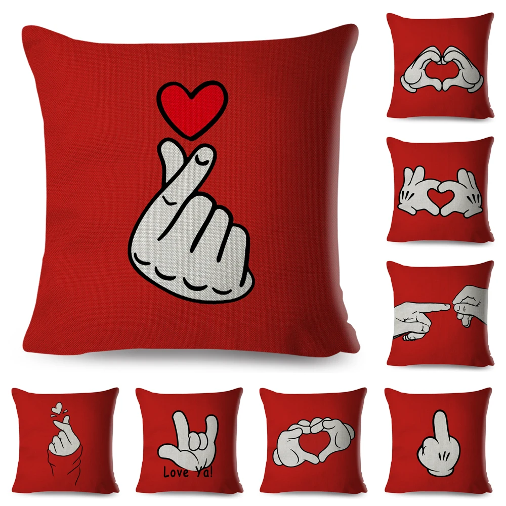 Nordic Style Finger Gesture Cushion Cover Decor Cartoon Red Print Love Pillowcase for Sofa Home Children Room Pillow Case 45x45