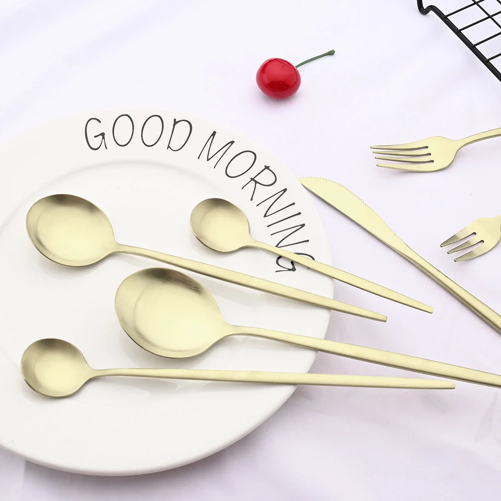 Matte Champagne Dinnerware Cutlery Set Stainless Steel Tableware Home Dinner Fork Tea Spoon Dessert Knife Kitchen Flatware Set