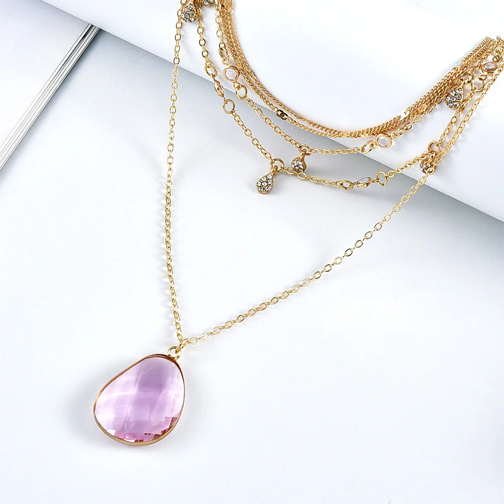 2020 Gold-plate Water Drop Crystal Opal Pendant Necklaces For Women Necklace New Multi Level Female Boho Vintage Jewelry Gift