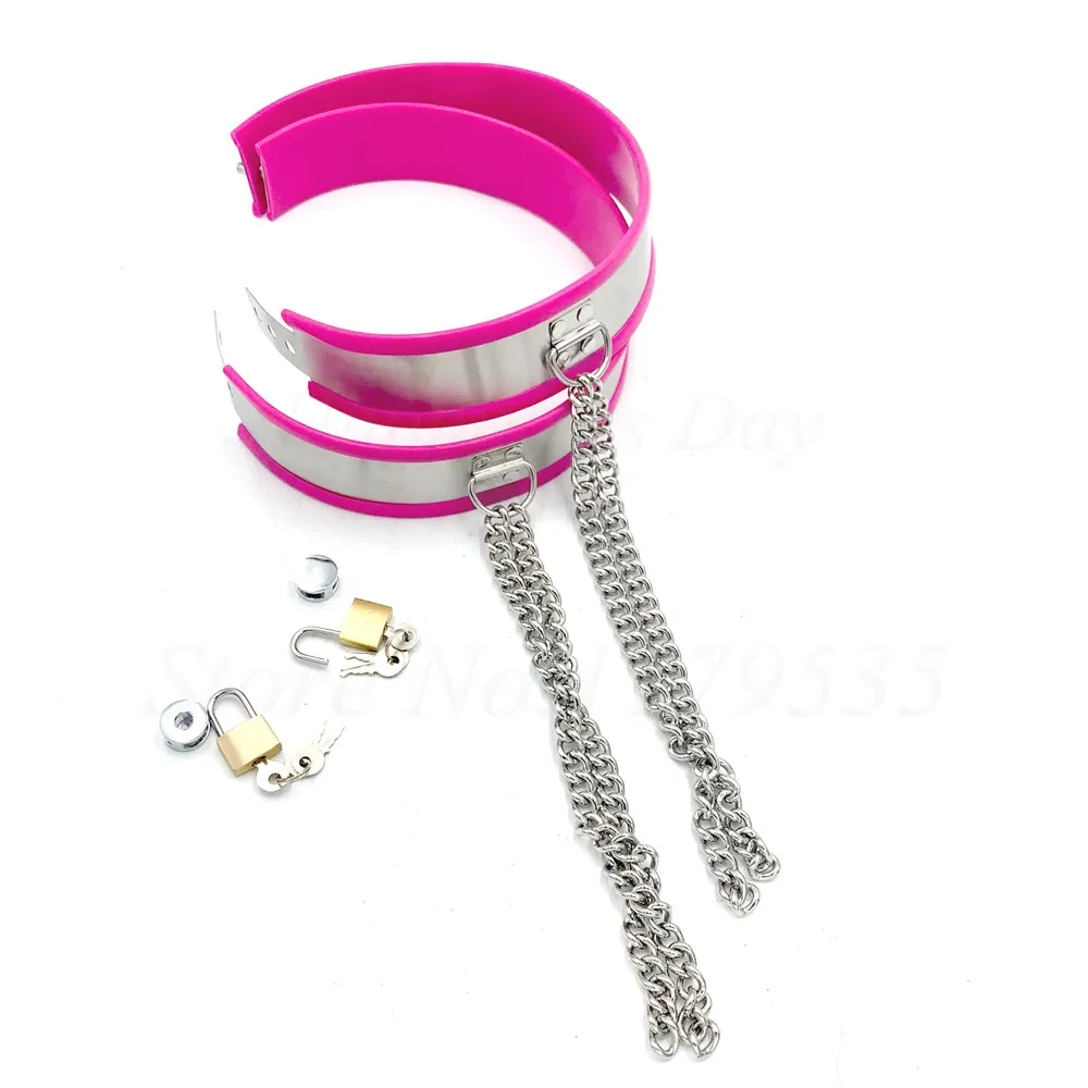 Stainless Steel Silicone Liner Thigh Ring Chain Chastity Belt Leg Cuffs With Lock Bdsm Bondage Restraints Adult Games Sex Toys