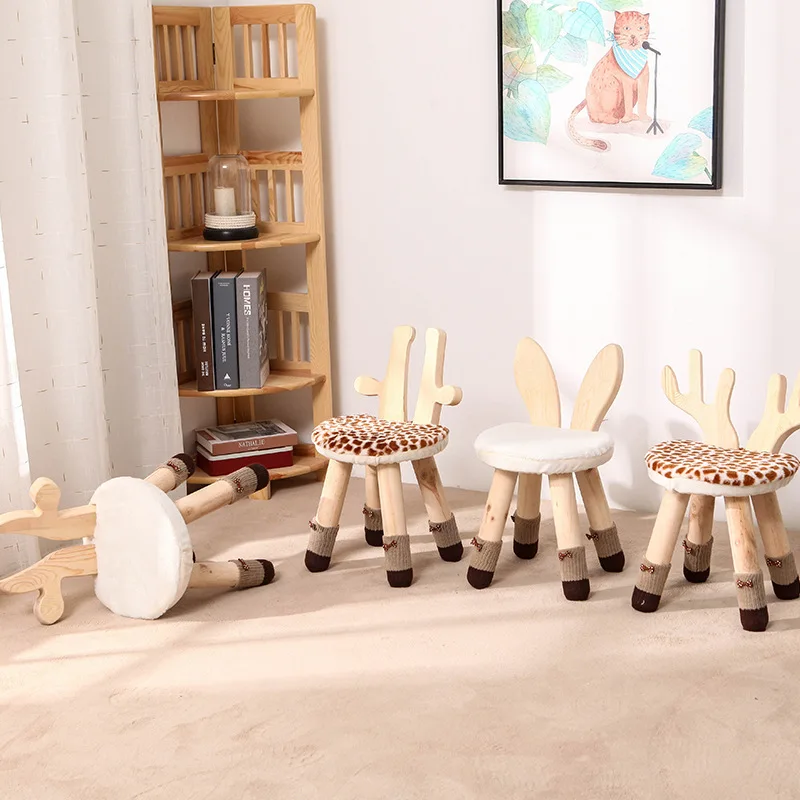 Kids Stool Solid Wood Chair for Children Cartoon Deer Rabbit Non-slip Bench Foot Stool Kindergarten School Home Kids Furniture