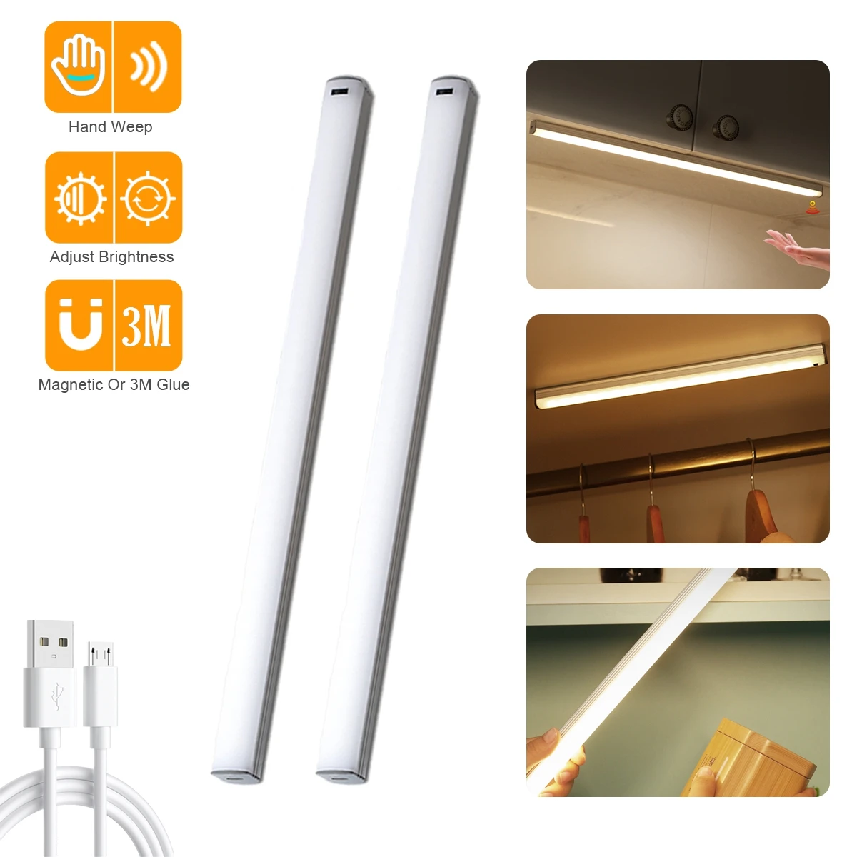 

Wireless Hand Sweep Sensor Under Cabinet Light USB Rechargeable LED Closet Light Dimmable Night Light For Wardrobe Kitchen Stair