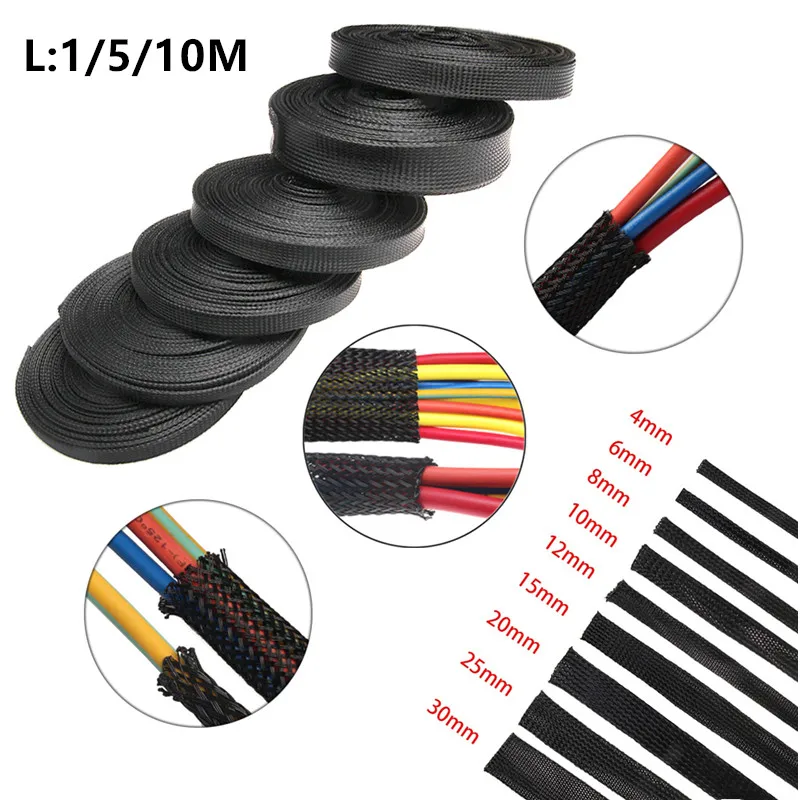 1/5/10/M Black Insulated Braid Sleeving 2/4/6/8/10/12/15/20/25mm Tight PET Wire Cable Gland Protection Cable Sleeve