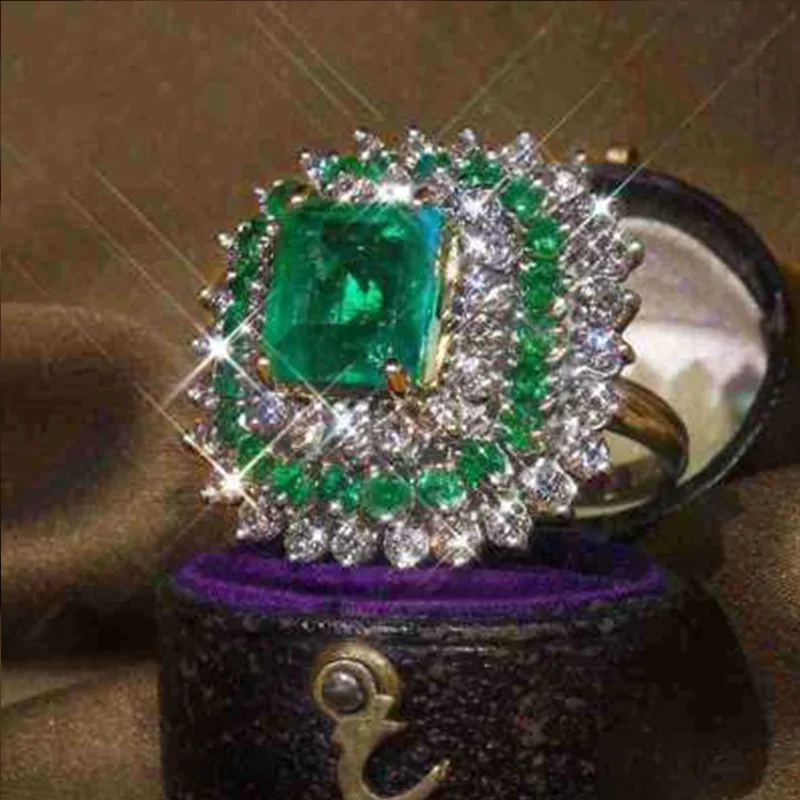 

Milangirl Luxury Inlaid Pave Rings Engagement Green Zircon Women Ring Large Square Stone Crystal Valentines