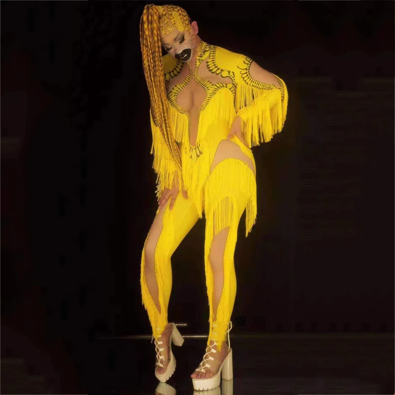 

Women Gogo Dancer Costume Yellow Fringed Jumpsuit Sexy Pole Dance Bodysuit Bar Nightclub Ds Dj Party Stage Rave Outfit XS1690