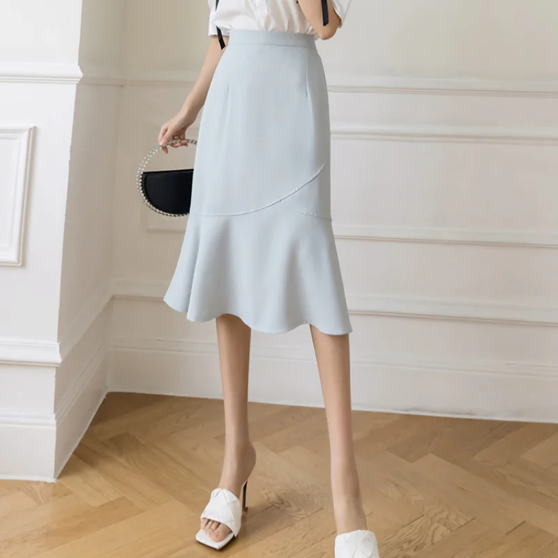 

New Korean Office Lady Fashion Ruffle High Waist Midi Skirt Women Summer Elegant Tumpet Skirts Ladies Casual Mid-length Skirt