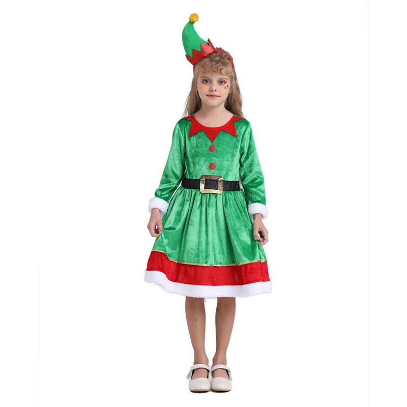 Santa elf traje com chapéu bandana verde santa elf vestido crianças meninas festa de natal roupa fada elf roupas