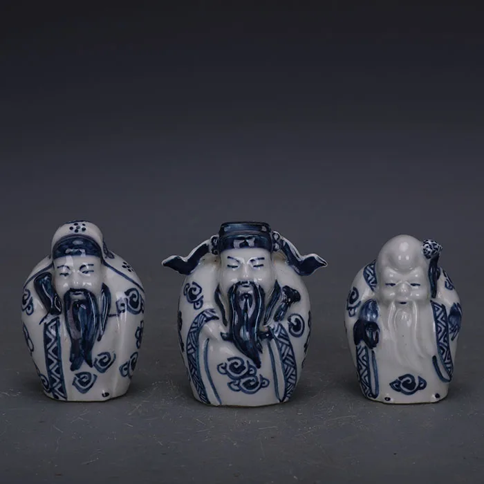 Sculpture Porcelain Blue and White Sculpture Three Brothers of Santa Claus in the East Statue----ancient Chinese 3pieces/set