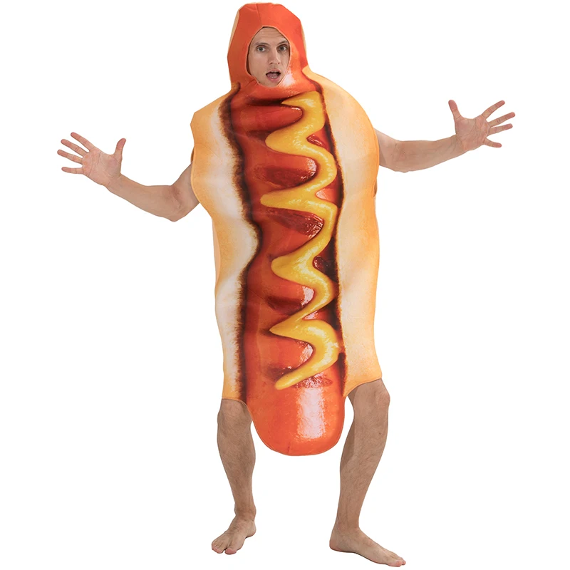 Bambini adulti divertenti stampa 3D cibo salsiccia costumi Hot Dog Halloween uomo donna famiglia Costume intero Pizza Costume carnevale cibo