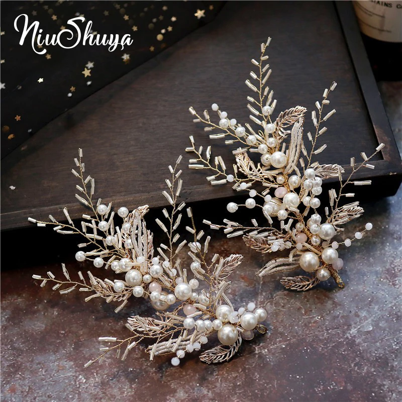 

NiuShuya Fashion Jewelry Handmade Crystal Pearl Bride Leaf Vine Headdband Wedding Hair Accessories