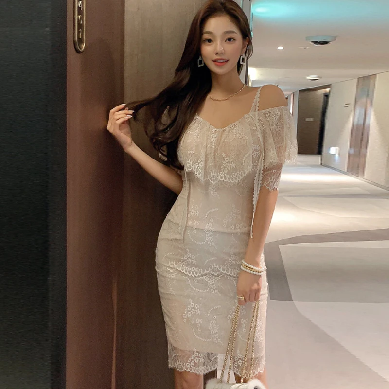 

Korean Elegant Office Women Dress Vintage Lace Sheer Ruffle Sexy Strap Skinny Slim Slit Midi Party Street Femme Mujer Vestidos