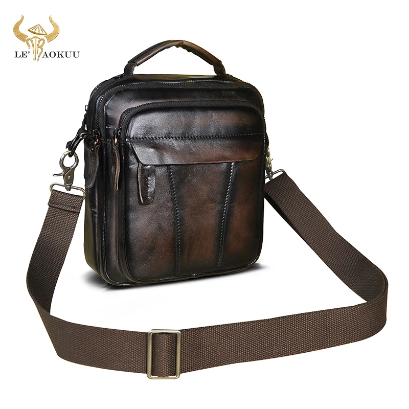 

Quality Leather Male Casual Design School Messenger Crossbody bag Vintage Coffee College 8" Tablet Tote Mochila Satchel bag 149