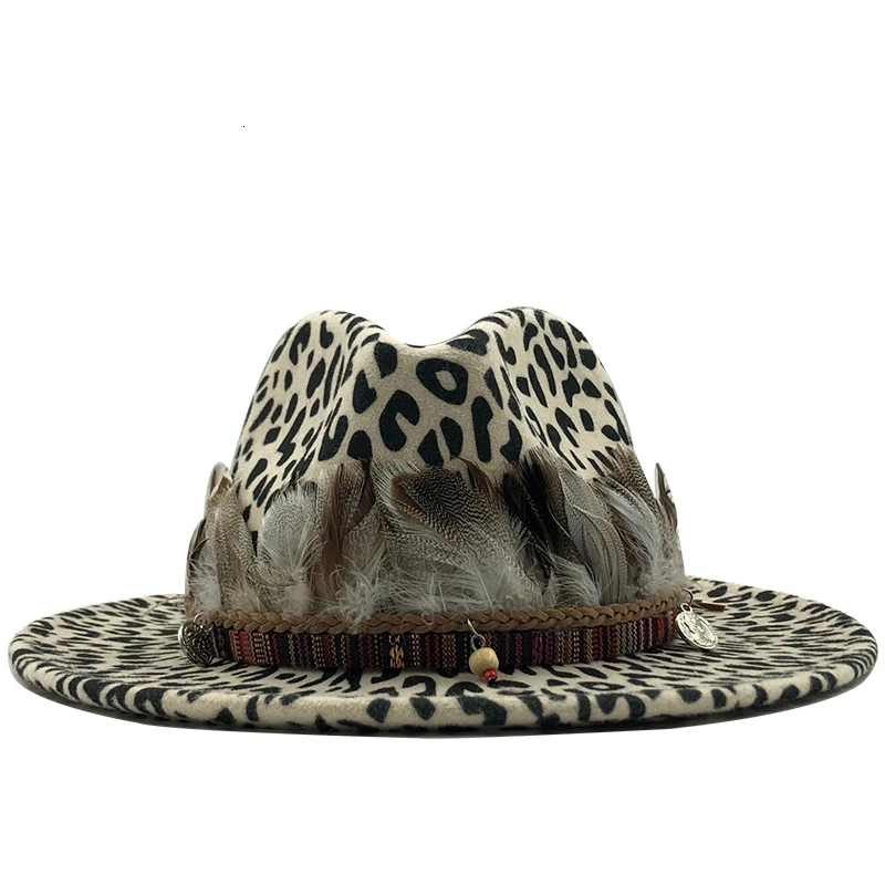 2019 new Trend Unisex Flat Brim Wool Felt Jazz Fedora Hats Men Women Leopard Grain feather Band Decor Trilby Panama Formal Hats