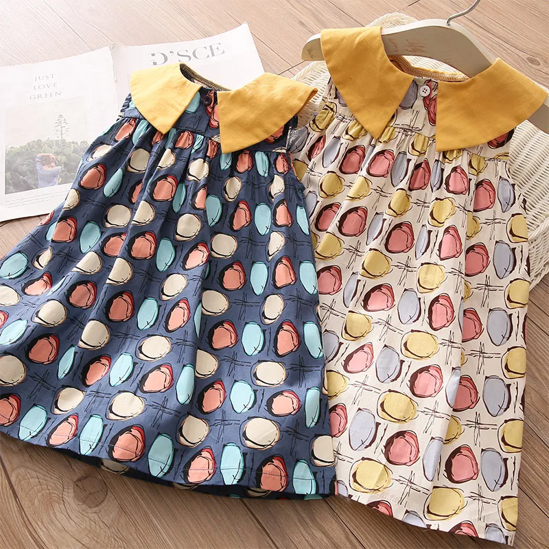 2024 Summer New Casual 2 3 4 5 6 8 9 10 Years Cotton Full Print Peter Pan Collar Sleeveless Tank Sundress Baby Kids Girls Dress