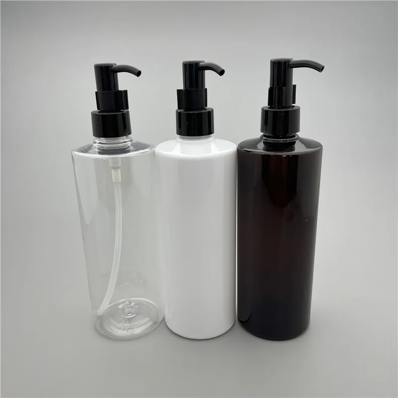 

400ML X 15 White Brown Clear Empty Cleaning Oil Pump Flat Shoulder Bottles 400cc Massage oil Container With Essential Oil Pump