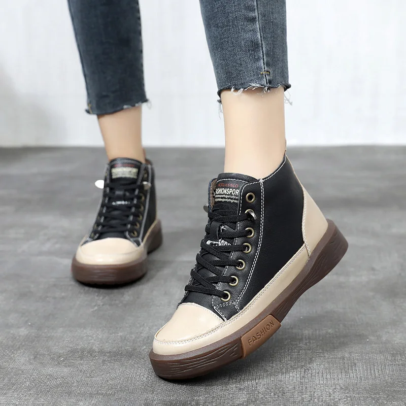 Women\'s Genuine Leather Autumn Shoes First Layer Cowhide Vulcanized Shoes Ladies Comfortable Warm Winter Casual Sneakers Flats
