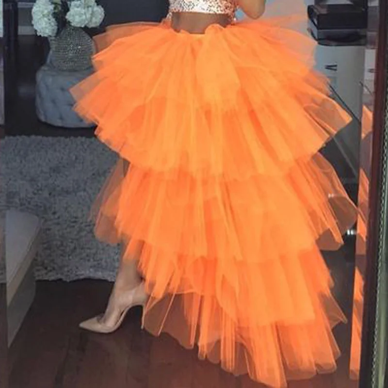 Mingli Tengda Chic ผู้หญิง Tutu สูงต่ำกระโปรงพลีทเอวสูง Ruffles ไม่สมมาตรชุดราตรี Party กระโปรง Saia Faldas Custom Made