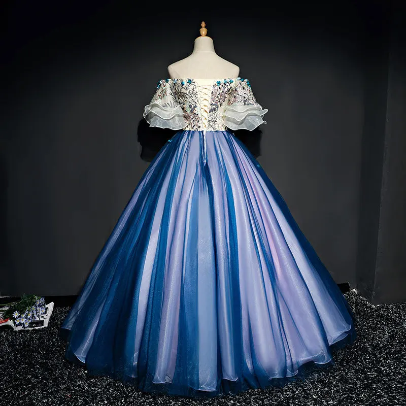 2020 new evening dress Singer blue stage show dresses one shoulder puff sleeve stage solo costume