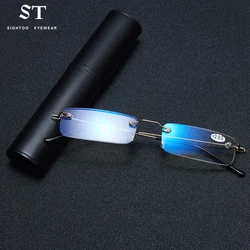 Sighttoo Anti-Blue Light Rimless Reading Glasses New Readers Ultralight Coating Frameless Glasses Reading With Pen Tube Case Men