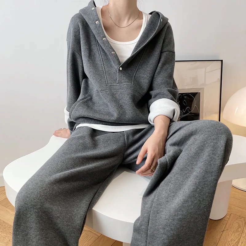 2022 Women Two Pieces Sets Hooded Women Hoodie Women\'s Casual Clothes And Pants Suit Pure Color Loose Style Women\'s Tracksuit